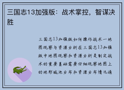 三国志13加强版：战术掌控，智谋决胜